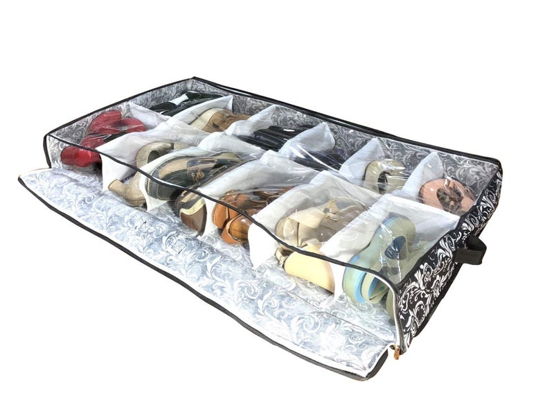 Shonpy Men/Woman 12 Cells See Through Underbed shoes and boots Storage Bag Organizer with black and white flower (black) - Image 4